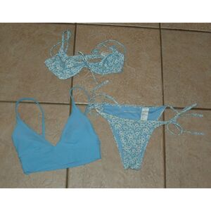 ABERCROMBIE AERIE Blue Floral Sz XS Beach Pool Underwire String Bikini 3 Pc Lot